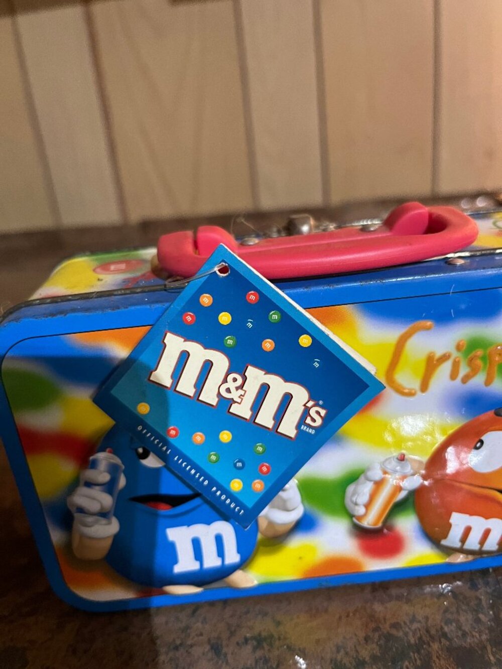 M&M's Vintage Metal Lunch Box Blue Crispy Orange Red Handle